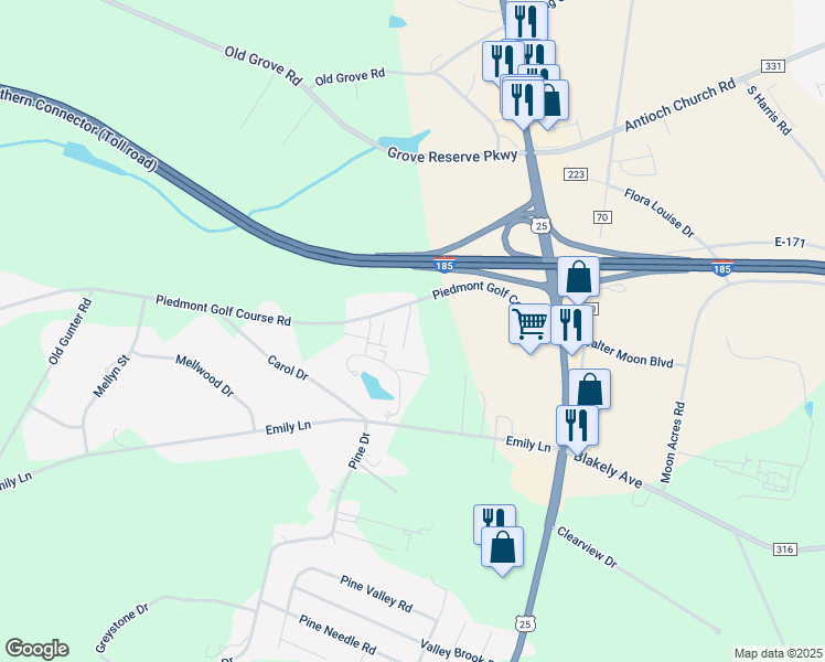 map of restaurants, bars, coffee shops, grocery stores, and more near 1072 Piedmont Golf Course Road in Piedmont