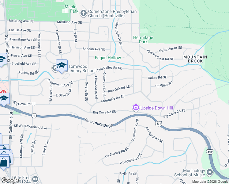 map of restaurants, bars, coffee shops, grocery stores, and more near 1609 Red Oak Road Southeast in Huntsville