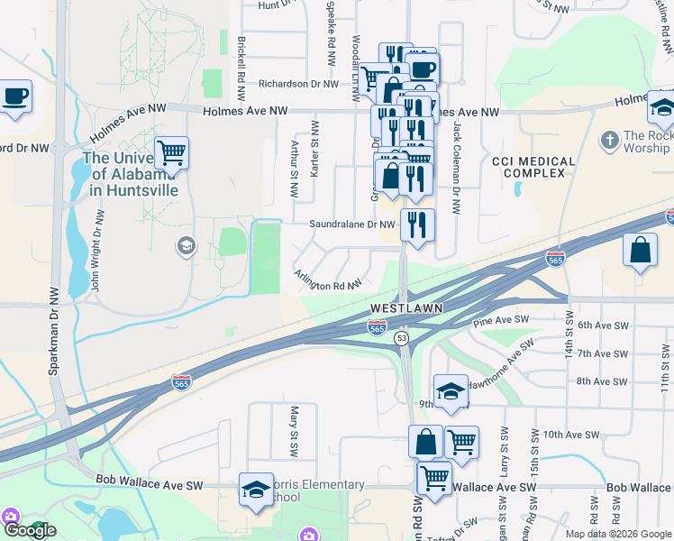 map of restaurants, bars, coffee shops, grocery stores, and more near 4203 Cloverdale Drive Northwest in Huntsville