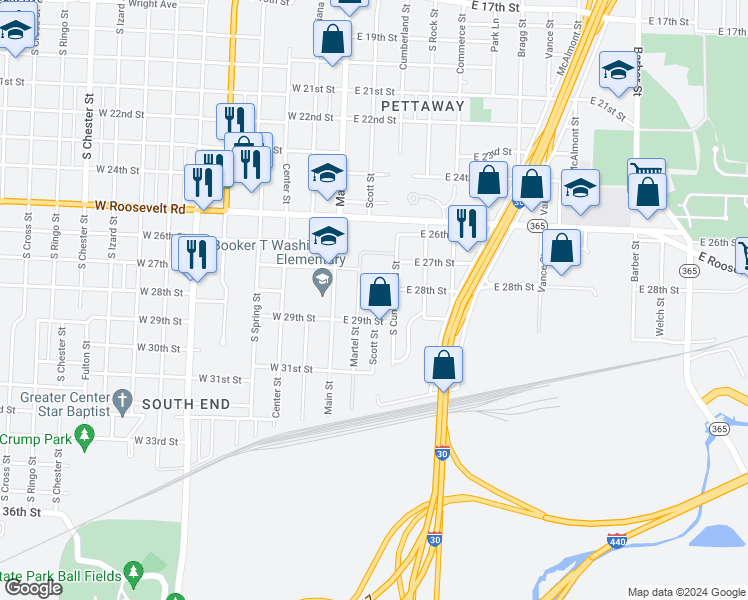 map of restaurants, bars, coffee shops, grocery stores, and more near 210A East 28th Street in Little Rock
