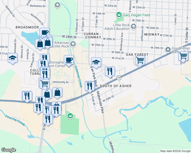 map of restaurants, bars, coffee shops, grocery stores, and more near 3309 Fair Park Boulevard in Little Rock