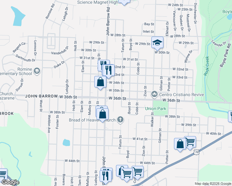 map of restaurants, bars, coffee shops, grocery stores, and more near 3415 Longcoy Street in Little Rock
