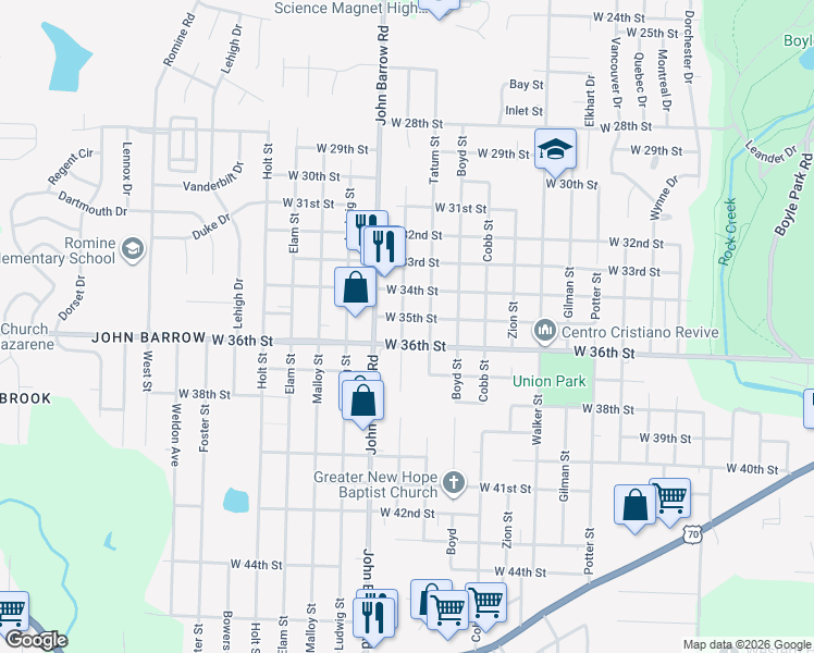 map of restaurants, bars, coffee shops, grocery stores, and more near 3415 Longcoy Street in Little Rock