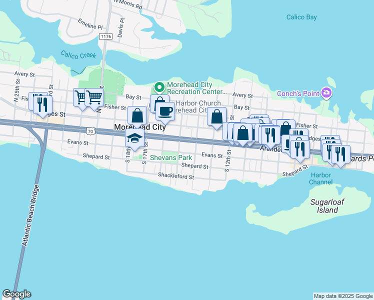 map of restaurants, bars, coffee shops, grocery stores, and more near 1407 Arendell Street in Morehead City