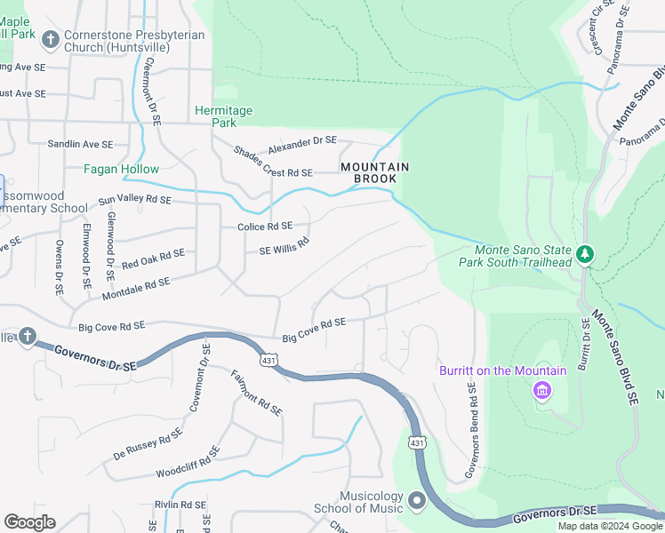 map of restaurants, bars, coffee shops, grocery stores, and more near 1810 Southeast Mountainbrook Drive in Huntsville
