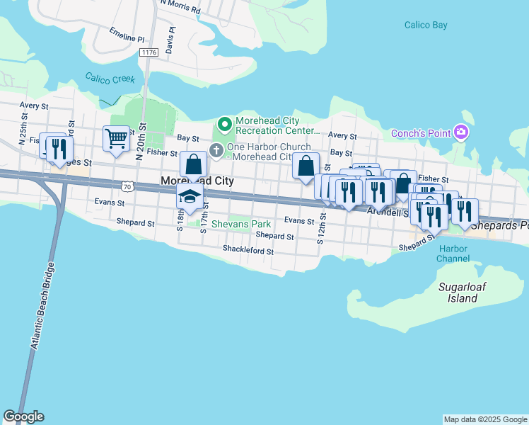 map of restaurants, bars, coffee shops, grocery stores, and more near 1407 Arendell Street in Morehead City