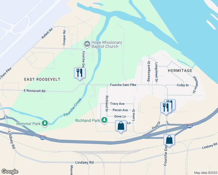 map of restaurants, bars, coffee shops, grocery stores, and more near 6507 Fourche Dam Pike in Little Rock
