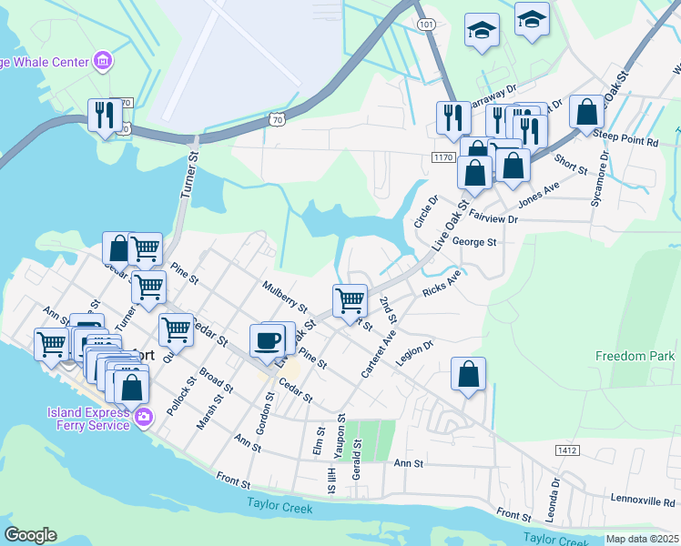 map of restaurants, bars, coffee shops, grocery stores, and more near 107 Chestnut Drive in Beaufort
