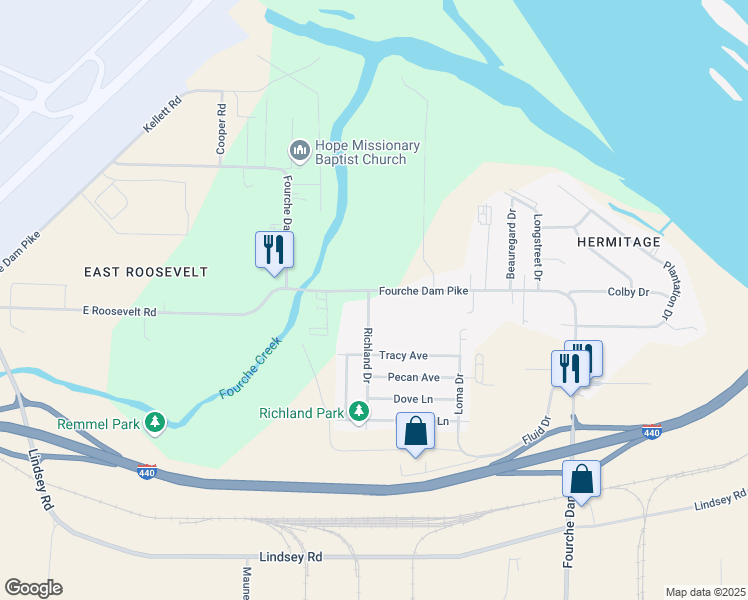 map of restaurants, bars, coffee shops, grocery stores, and more near 6509 Fourche Dam Pike in Little Rock