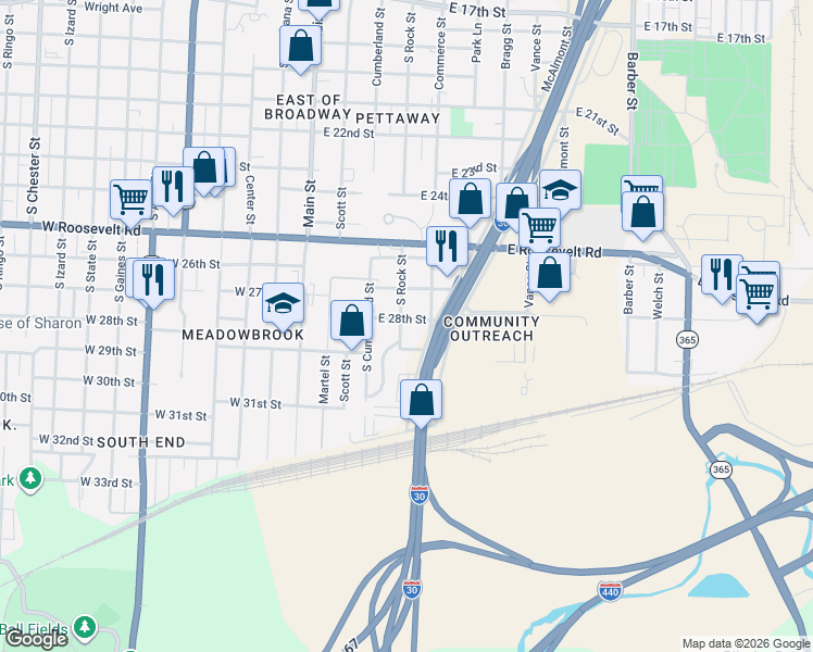 map of restaurants, bars, coffee shops, grocery stores, and more near 2718 South Commerce Street in Little Rock