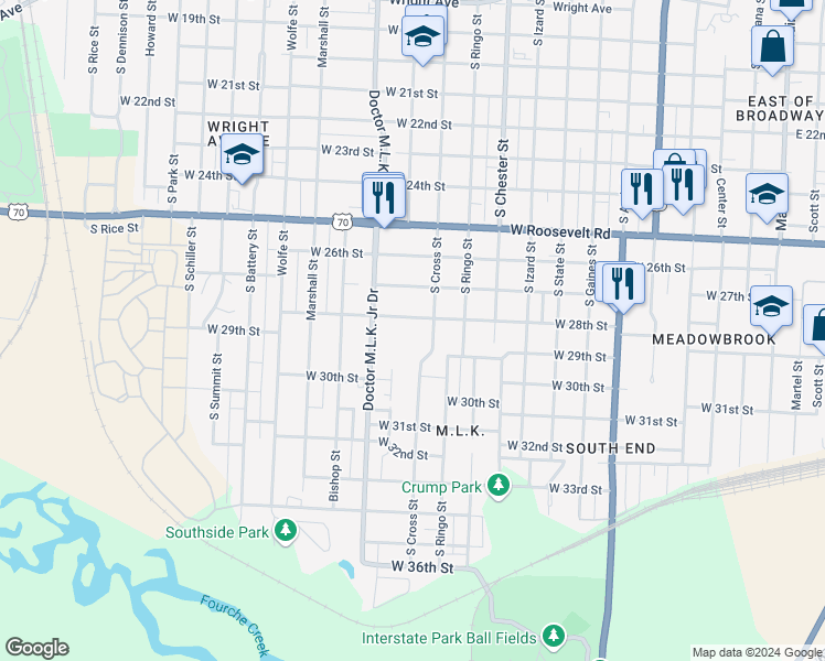 map of restaurants, bars, coffee shops, grocery stores, and more near 1304 West 28th Street in Little Rock