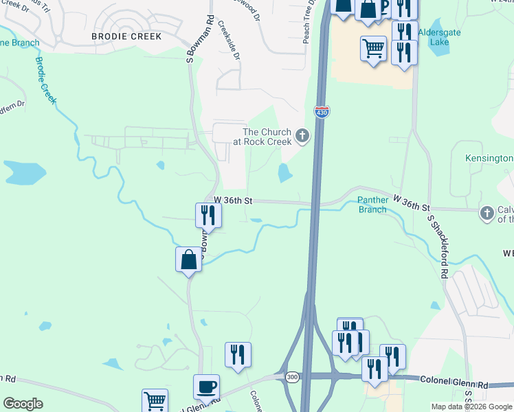 map of restaurants, bars, coffee shops, grocery stores, and more near 11624 West 36th Street in Little Rock