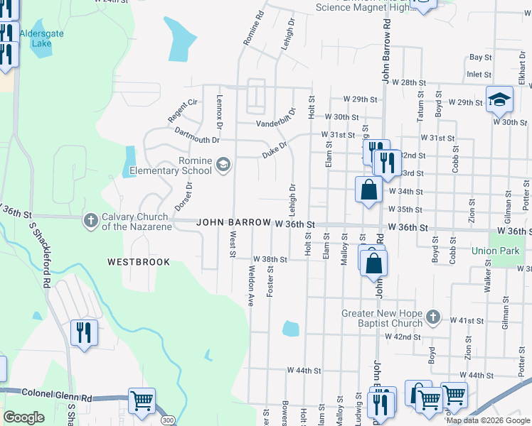 map of restaurants, bars, coffee shops, grocery stores, and more near 9600 West 36th Street in Little Rock