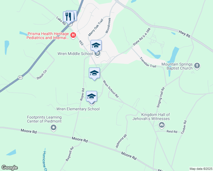 map of restaurants, bars, coffee shops, grocery stores, and more near 905 Wren School Road in Piedmont
