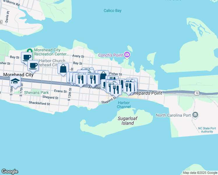 map of restaurants, bars, coffee shops, grocery stores, and more near 800 Arendell St in Morehead City