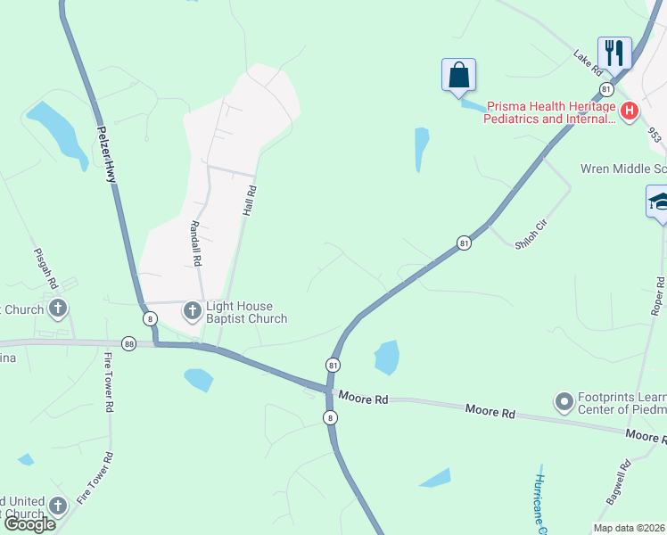 map of restaurants, bars, coffee shops, grocery stores, and more near 110 Brookstone Drive in Easley