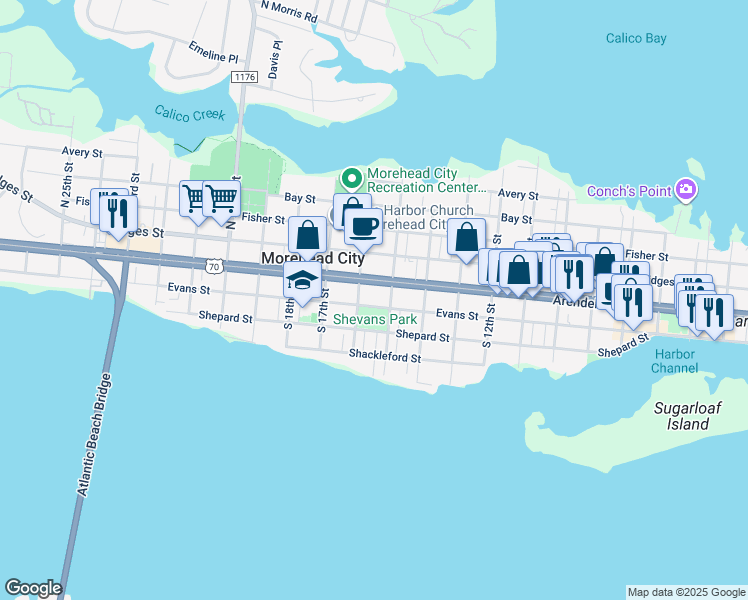 map of restaurants, bars, coffee shops, grocery stores, and more near 1506 Evans Street in Morehead City