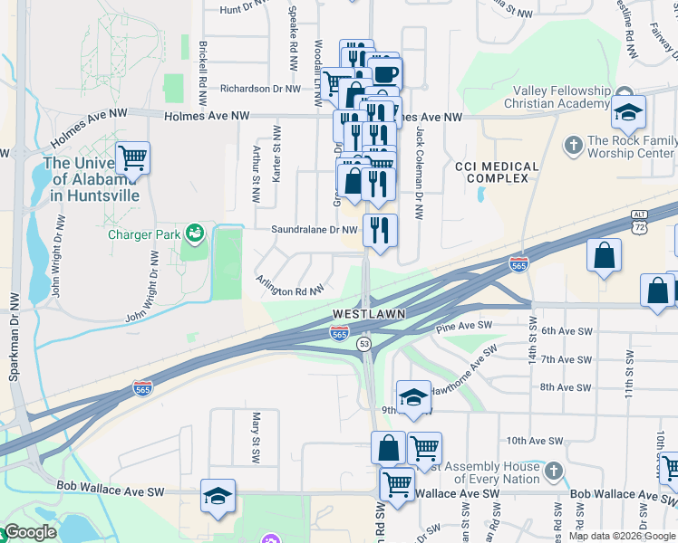 map of restaurants, bars, coffee shops, grocery stores, and more near 4101 Cloverdale Drive Northwest in Huntsville