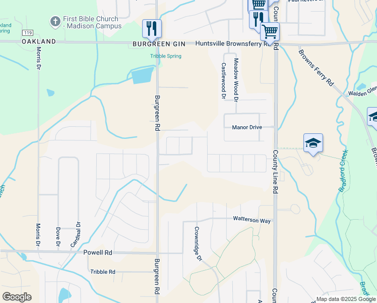 map of restaurants, bars, coffee shops, grocery stores, and more near 121 Bakers Farm Way in Madison
