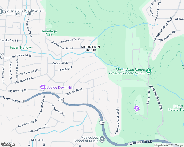 map of restaurants, bars, coffee shops, grocery stores, and more near 2228 Briarcliff Road Southeast in Huntsville