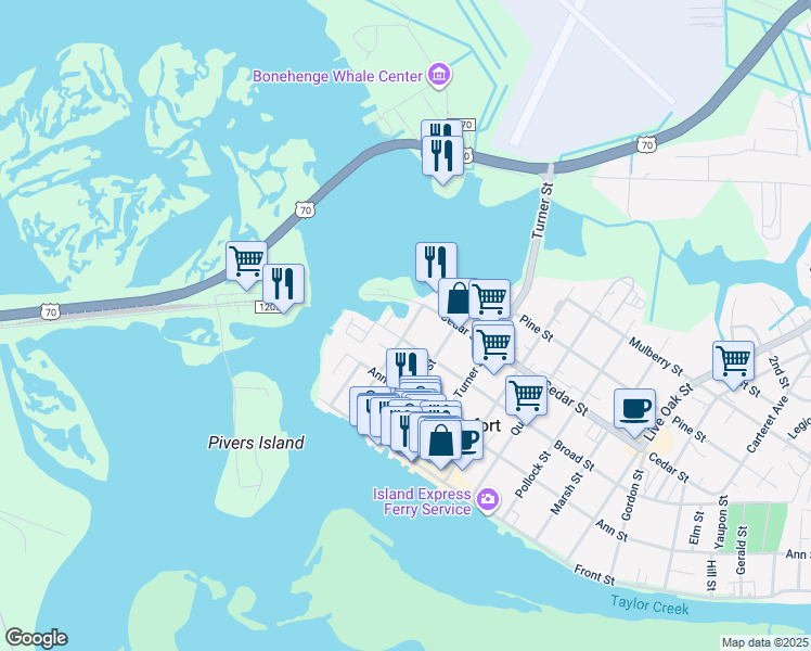 map of restaurants, bars, coffee shops, grocery stores, and more near 305 Moore St in Beaufort