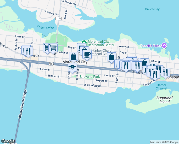 map of restaurants, bars, coffee shops, grocery stores, and more near 1506 Evans Street in Morehead City