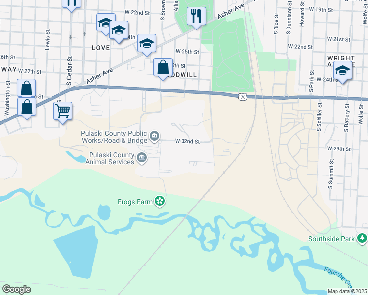 map of restaurants, bars, coffee shops, grocery stores, and more near 3101 West 32nd Street in Little Rock