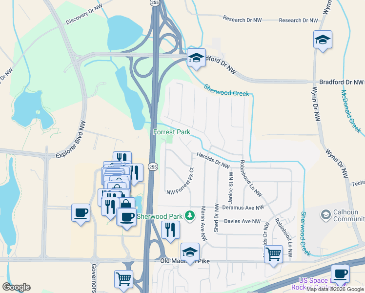 map of restaurants, bars, coffee shops, grocery stores, and more near 511 Forrest Park Court Northwest in Huntsville
