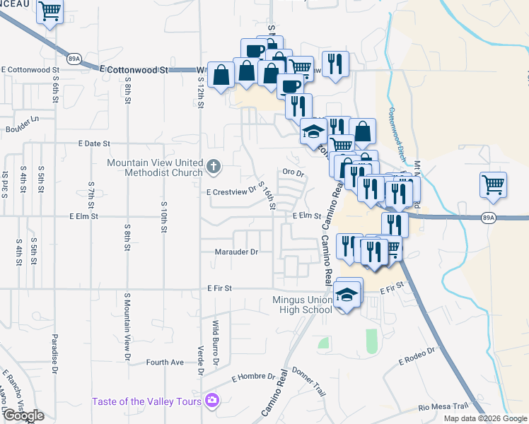 map of restaurants, bars, coffee shops, grocery stores, and more near 1610 Pinon Drive in Cottonwood