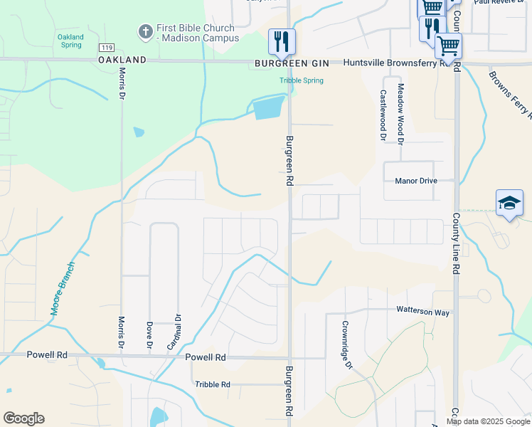 map of restaurants, bars, coffee shops, grocery stores, and more near 121 Bakers Farm Way in Madison