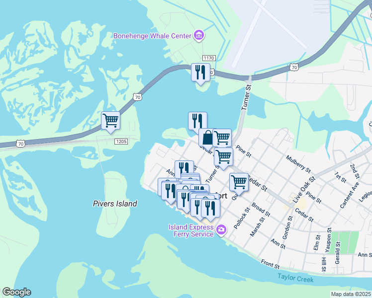 map of restaurants, bars, coffee shops, grocery stores, and more near 305 Moore St in Beaufort