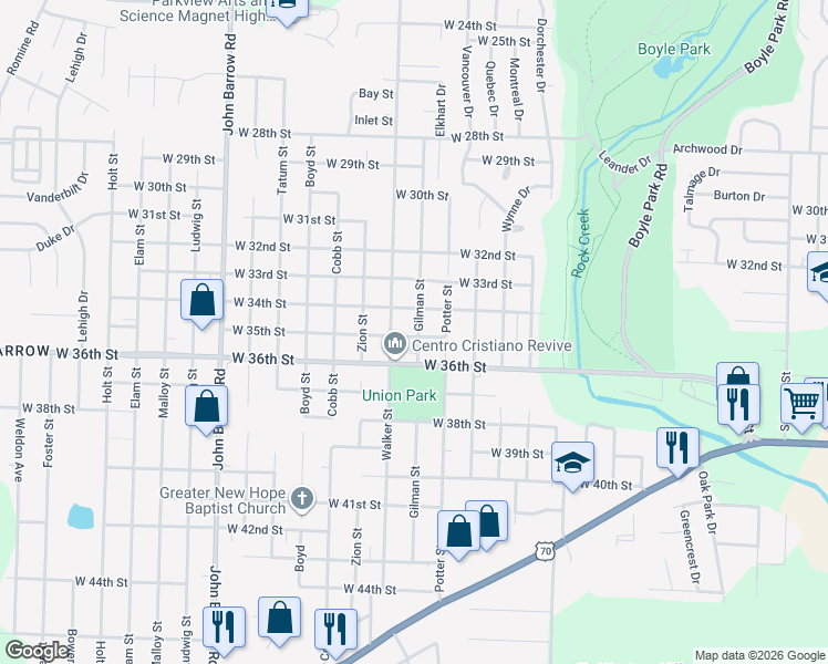 map of restaurants, bars, coffee shops, grocery stores, and more near 8101 West 34th Street in Little Rock