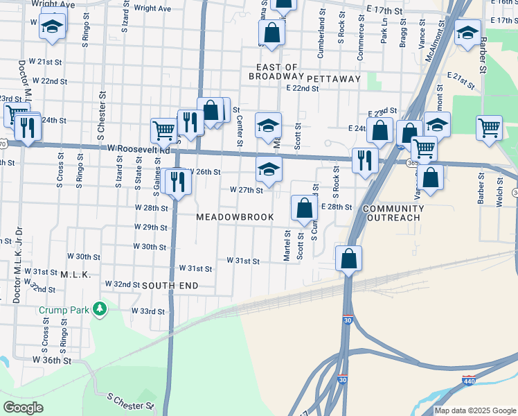 map of restaurants, bars, coffee shops, grocery stores, and more near 115 West 27th Street in Little Rock
