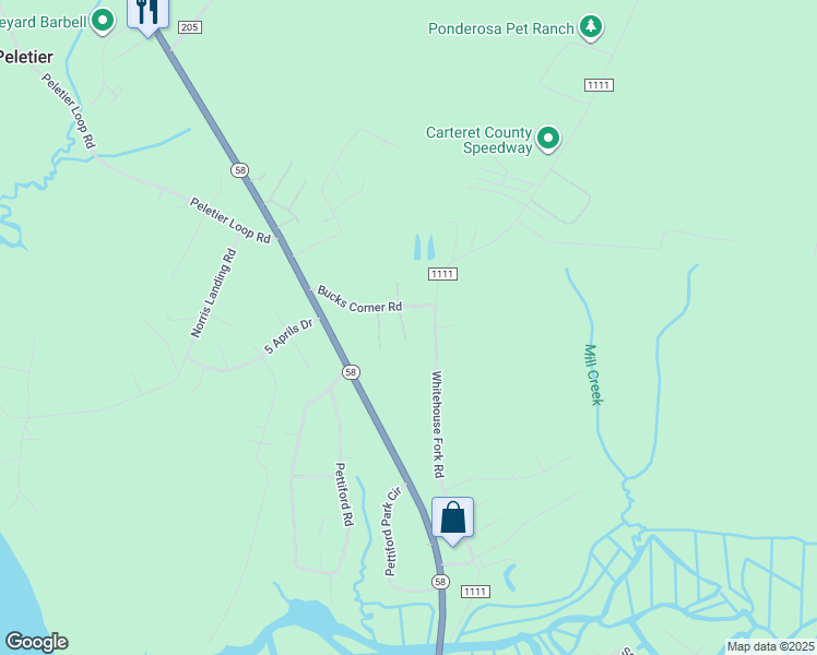 map of restaurants, bars, coffee shops, grocery stores, and more near 200-298 Bucks Corner Rd in Peletier