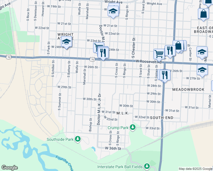 map of restaurants, bars, coffee shops, grocery stores, and more near 1304 West 28th Street in Little Rock