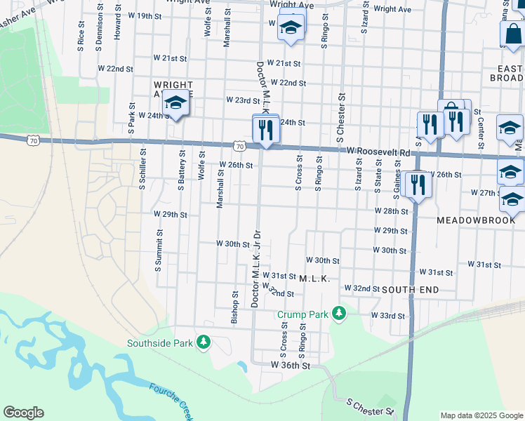map of restaurants, bars, coffee shops, grocery stores, and more near 1304 West 28th Street in Little Rock