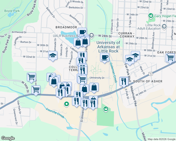 map of restaurants, bars, coffee shops, grocery stores, and more near in Little Rock