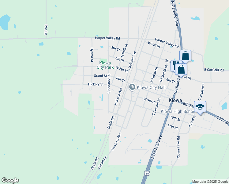 map of restaurants, bars, coffee shops, grocery stores, and more near 803 South Jackson Street in Kiowa