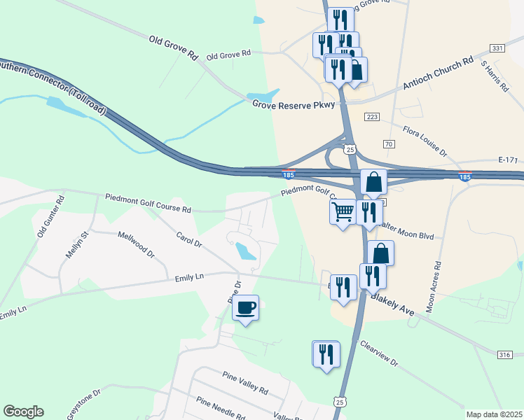 map of restaurants, bars, coffee shops, grocery stores, and more near 1072 Piedmont Golf Course Road in Piedmont