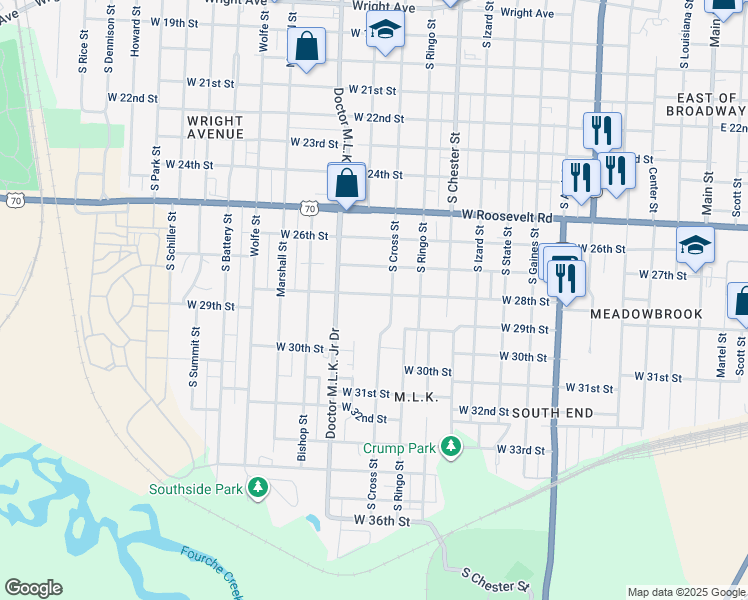 map of restaurants, bars, coffee shops, grocery stores, and more near 1207 West 28th Street in Little Rock