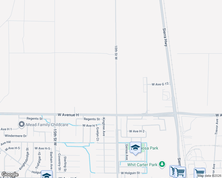 map of restaurants, bars, coffee shops, grocery stores, and more near 46135 10th Street West in Lancaster