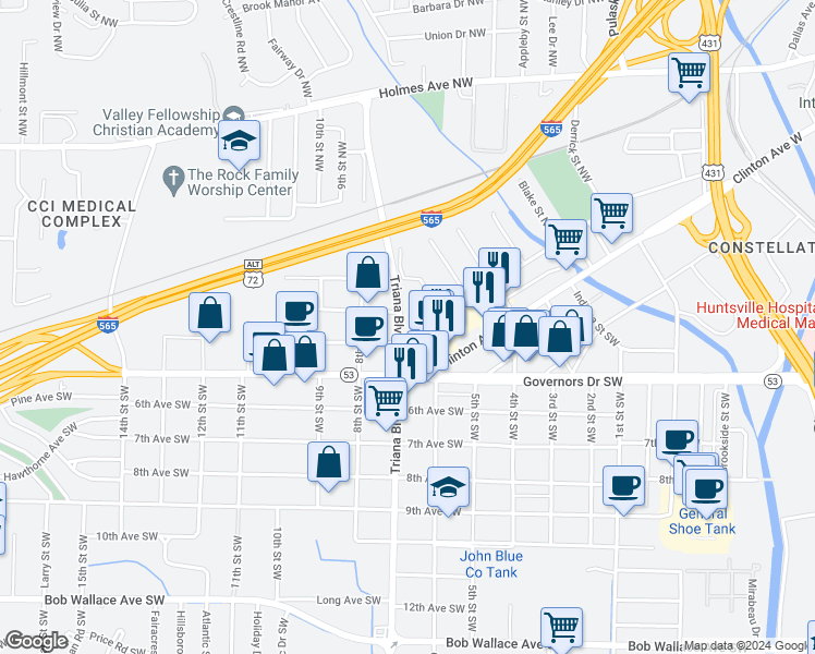map of restaurants, bars, coffee shops, grocery stores, and more near 202 Triana Boulevard Northwest in Huntsville