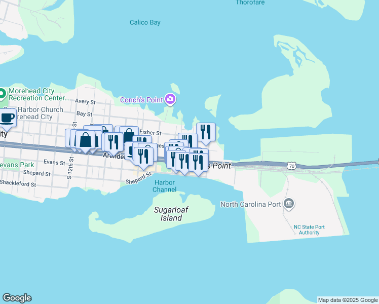 map of restaurants, bars, coffee shops, grocery stores, and more near 500 Bridges Street in Morehead City