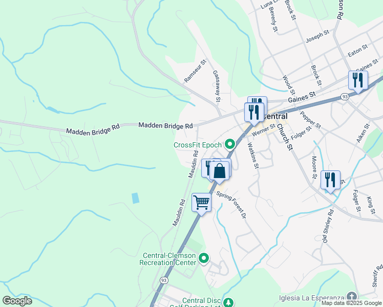 map of restaurants, bars, coffee shops, grocery stores, and more near 104 Perry Lane in Central