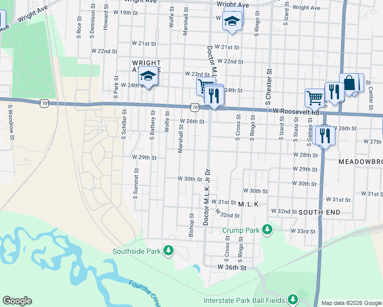 map of restaurants, bars, coffee shops, grocery stores, and more near 1623 West 28th Street in Little Rock