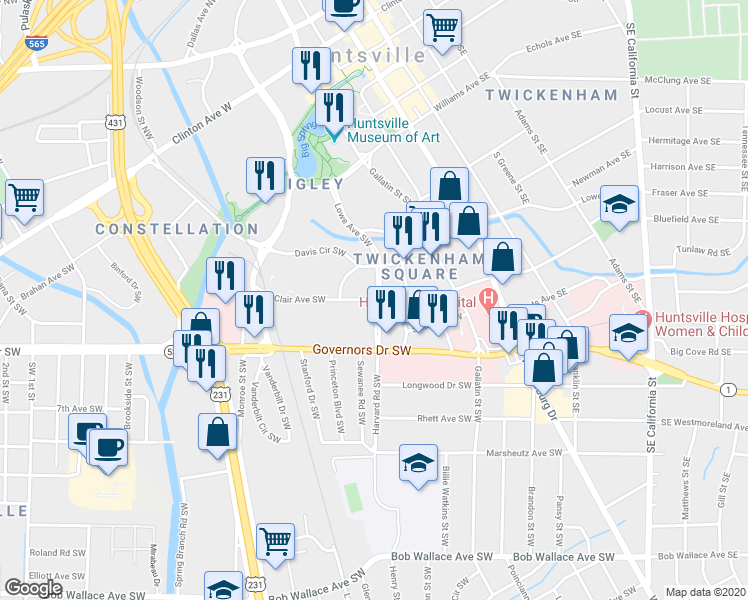 map of restaurants, bars, coffee shops, grocery stores, and more near 497 Saint Clair Avenue Southwest in Huntsville