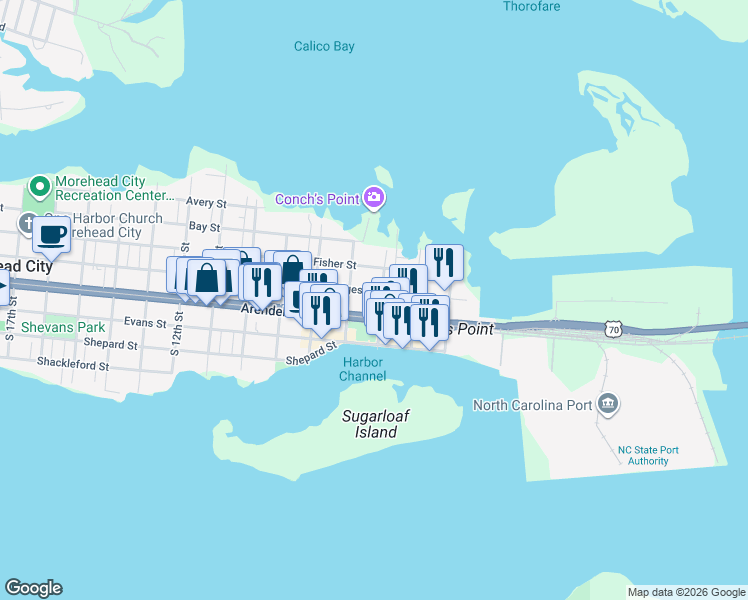 map of restaurants, bars, coffee shops, grocery stores, and more near 603 Bridges Street in Morehead City