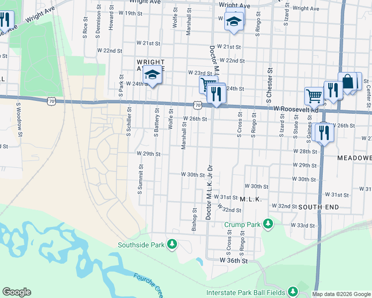 map of restaurants, bars, coffee shops, grocery stores, and more near 1623 West 28th Street in Little Rock