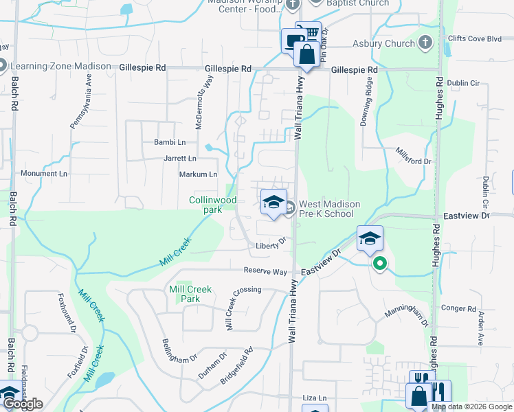 map of restaurants, bars, coffee shops, grocery stores, and more near 107 Jodi Drive in Madison