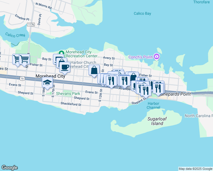 map of restaurants, bars, coffee shops, grocery stores, and more near in Morehead City